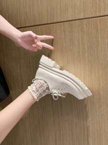 Giày Oxford đế dày dành cho nữ, Giày bệt Mary Jane phong cách Anh, Buộc dây, Màu đen, Xuân/Thu - Màu be - Xem 7