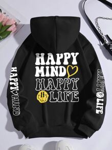 SHEIN EZwear Expression & Letter Graphic Kangaroo Pocket Drawstring Thermal Hoodie - Black - View 1