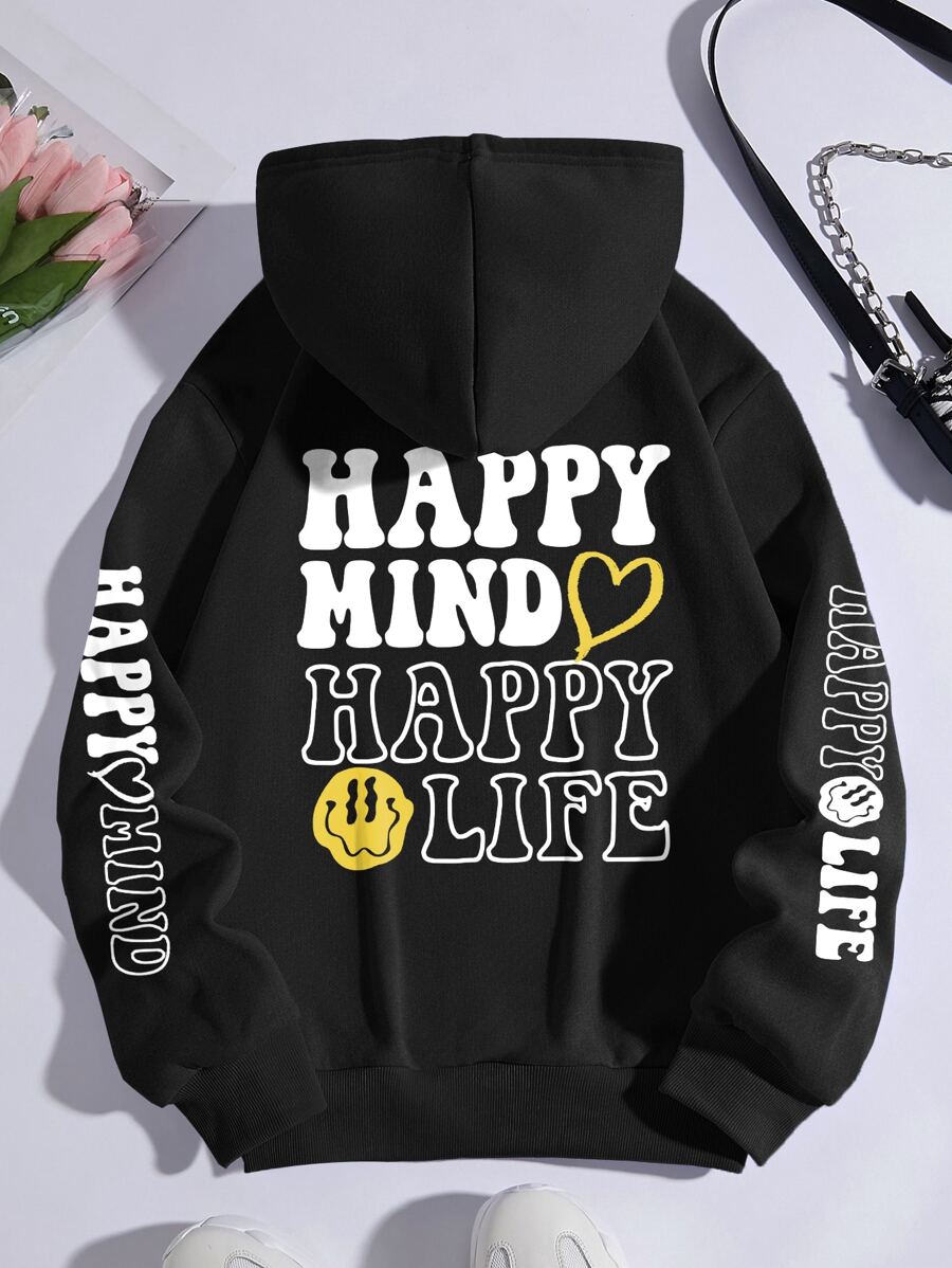 SHEIN EZwear Expression & Letter Graphic Kangaroo Pocket Drawstring Thermal Hoodie - Black - View 1