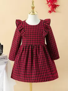 Toddler Girls Plaid Print Ruffle Trim Dress - Red - View 1