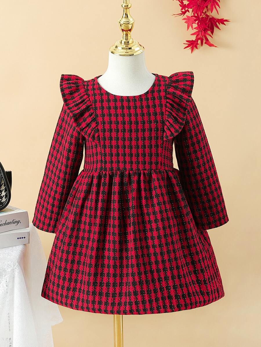 Toddler Girls Plaid Print Ruffle Trim Dress - Red - View 1