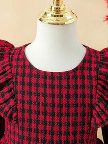 Toddler Girls Plaid Print Ruffle Trim Dress - Red - View 5
