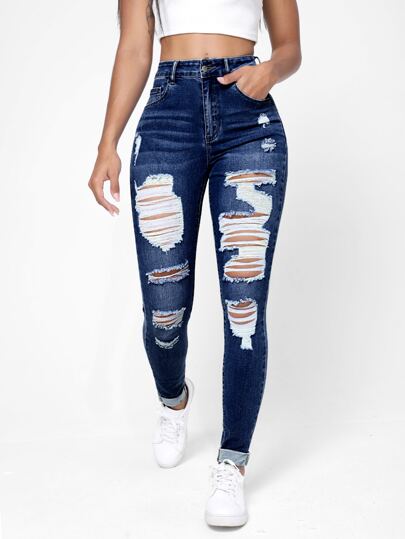 SHEIN Essnce Jeans pitillo de algodón de lavado oscuro, rotos y deshilachados con bolsillo inclinado, con botón, bolsillo, rotos y cremallera, para uso diario casual en primavera/otoño
