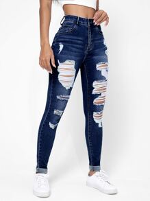 SHEIN Essnce 破洞磨边斜口袋紧身牛仔裤，女式休闲纽扣、口袋、破洞、拉链自然紧身长款深色洗水棉质紧身女式牛仔裤，春/秋，休闲日常穿着 - 深色水洗藍 - 查看 6