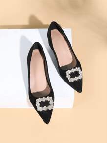 Fall/Winter Rhinestone Decor Faux Suede Chunky Heeled Court Pumps Valentines,Elegant,Party - Black - View 3
