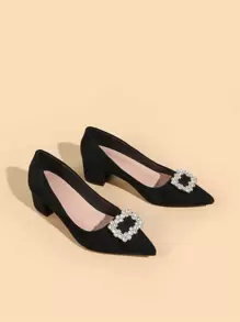 Fall/Winter Rhinestone Decor Faux Suede Chunky Heeled Court Pumps Valentines,Elegant,Party - Black - View 4