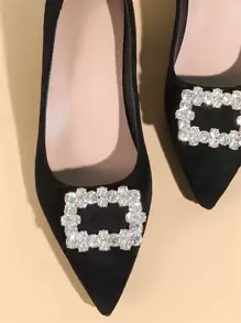 Fall/Winter Rhinestone Decor Faux Suede Chunky Heeled Court Pumps Valentines,Elegant,Party - Black - View 5