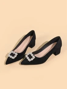 Fall/Winter Rhinestone Decor Faux Suede Chunky Heeled Court Pumps Valentines,Elegant,Party - Black - View 7