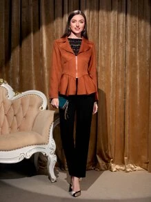 Mulvari Abrigo de cuello con solapa bajo con fruncido tapeta con cremallera - Marrón - Ver 3