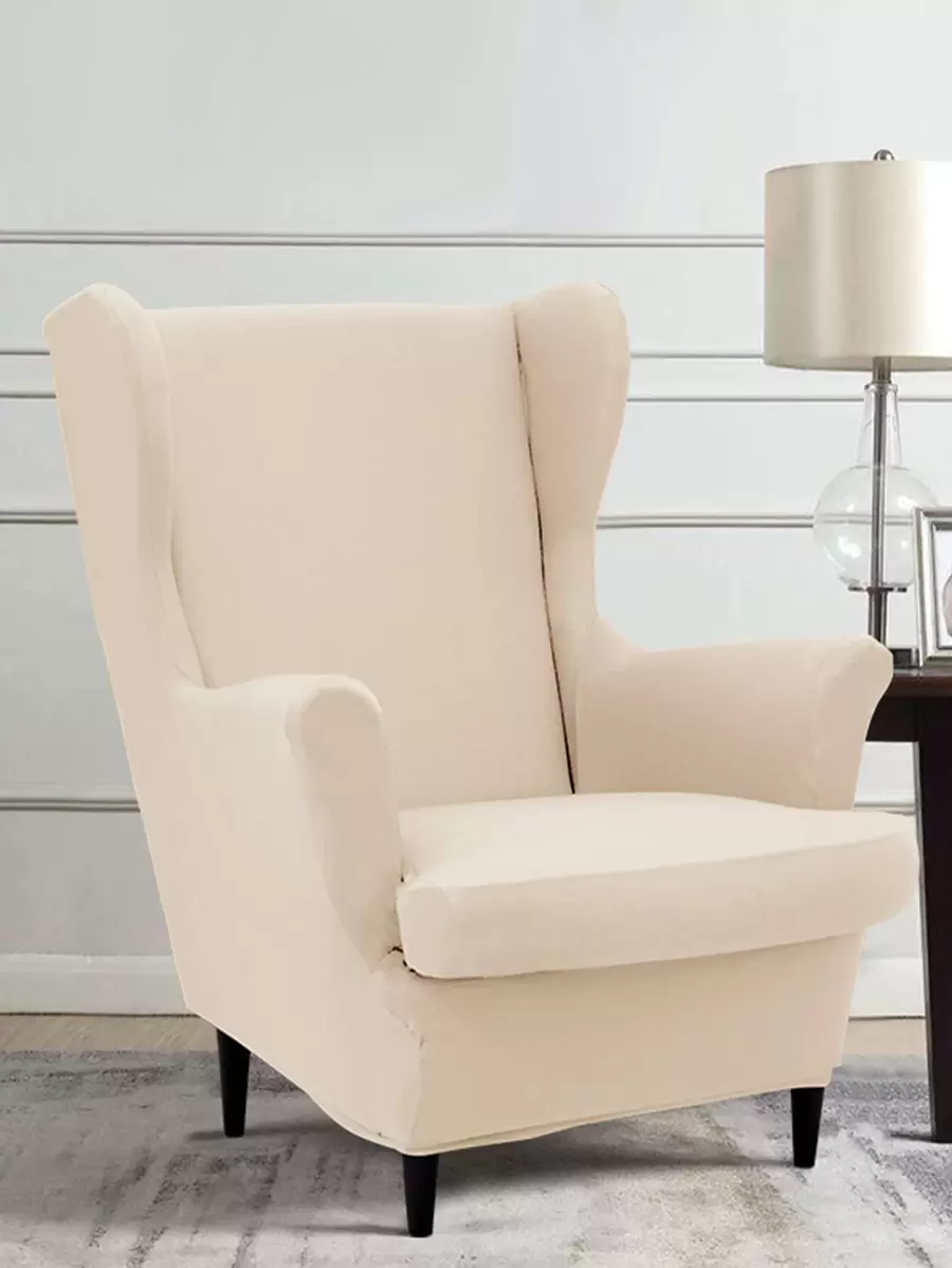 1pc Plain Stretchy Wing Chair Slipcover - Beige - View 1