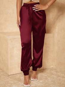 SHEIN SXY Pantalones de satén de cintura con cordón - Burdeos - Ver 1