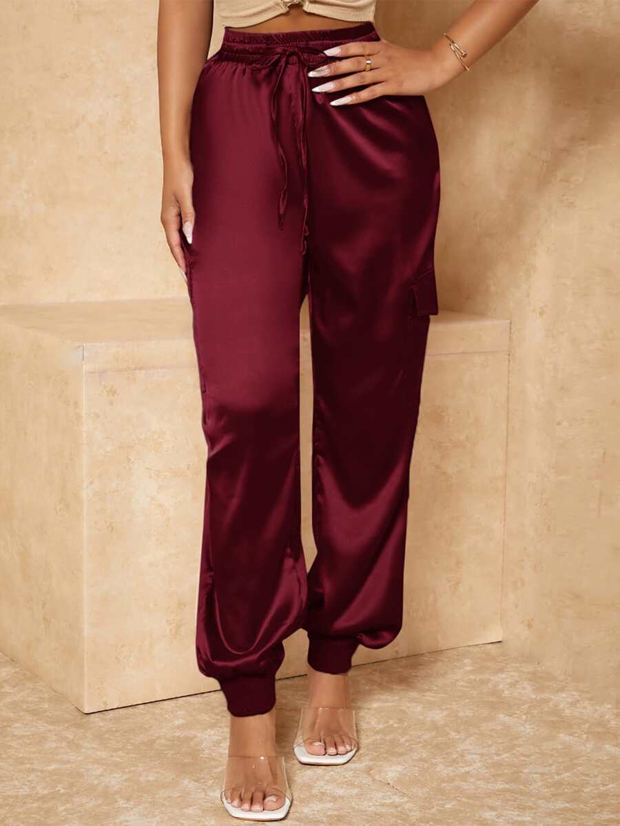 SHEIN SXY Pantalones de satén de cintura con cordón - Burdeos - Ver 1