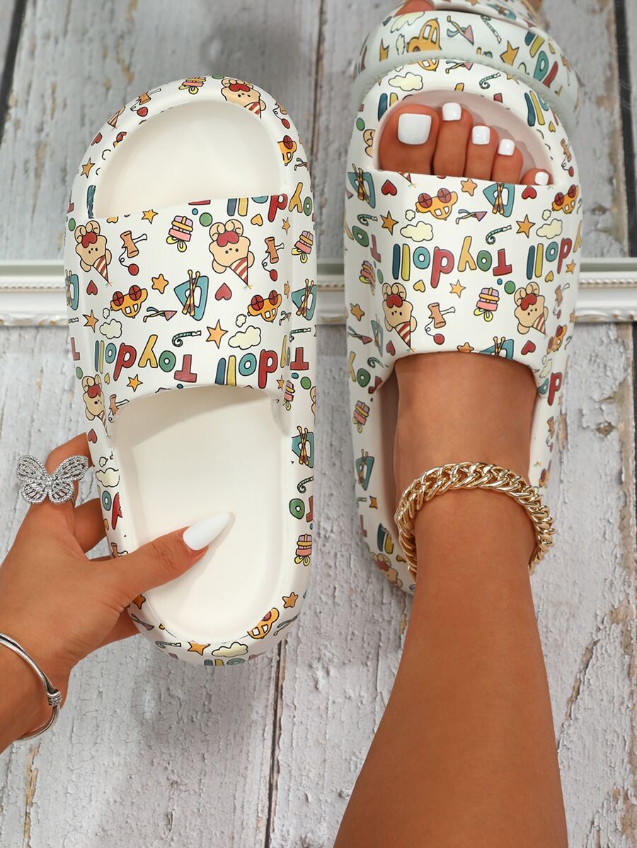 熊和字母圖案單帶拖鞋 - 彩色 - 查看 1