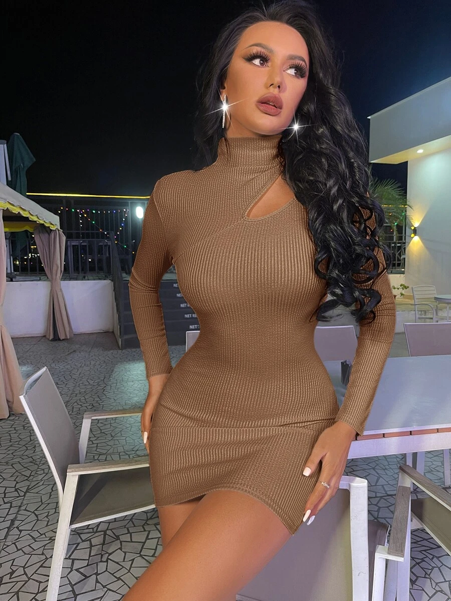 SHEIN SXY Cut Out Stand Neck Bodycon Dress - Brown - View 1
