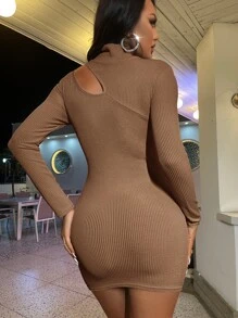 SHEIN SXY Cut Out Stand Neck Bodycon Dress - Brown - View 2