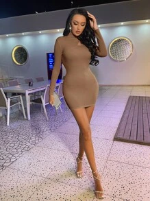 SHEIN SXY Cut Out Stand Neck Bodycon Dress - Brown - View 3