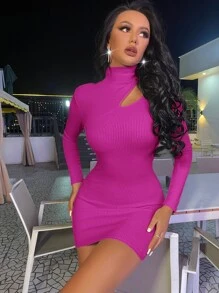 SHEIN SXY 鏤空立領緊身連衣裙 - 玫紅色 - 查看 1