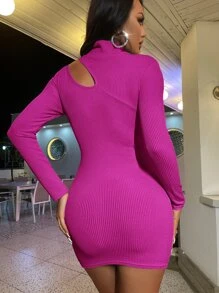 SHEIN SXY 鏤空立領緊身連衣裙 - 玫紅色 - 查看 2