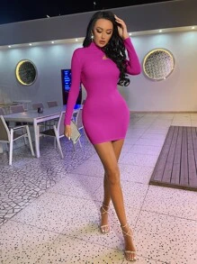 SHEIN SXY 鏤空立領緊身連衣裙 - 玫紅色 - 查看 3