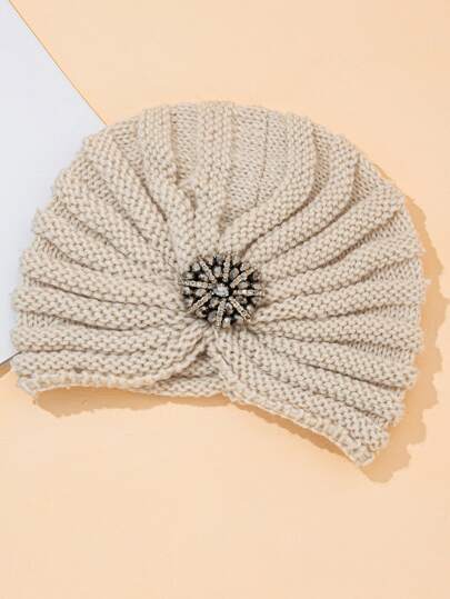 1pc Handmade Knit Beanie Hat With Rhinestone Design For Women, Suitable For Both Indoor And Outdoor Wear Hair Sleep Cap