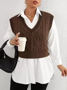 Calvaya Plus Striped Trim Cable Knit Sweater Vest Without Blouse