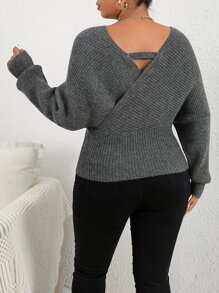 Calvaya Plus Overlap Collar Dolman Sleeve Jumper - Dark Grey - View 2