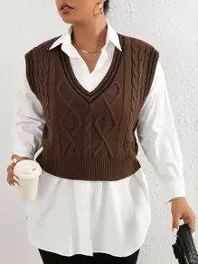 Calvaya Plus Striped Trim Cable Knit Sweater Vest Without Blouse