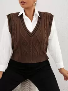 Calvaya Plus Striped Trim Cable Knit Sweater Vest Without Blouse
