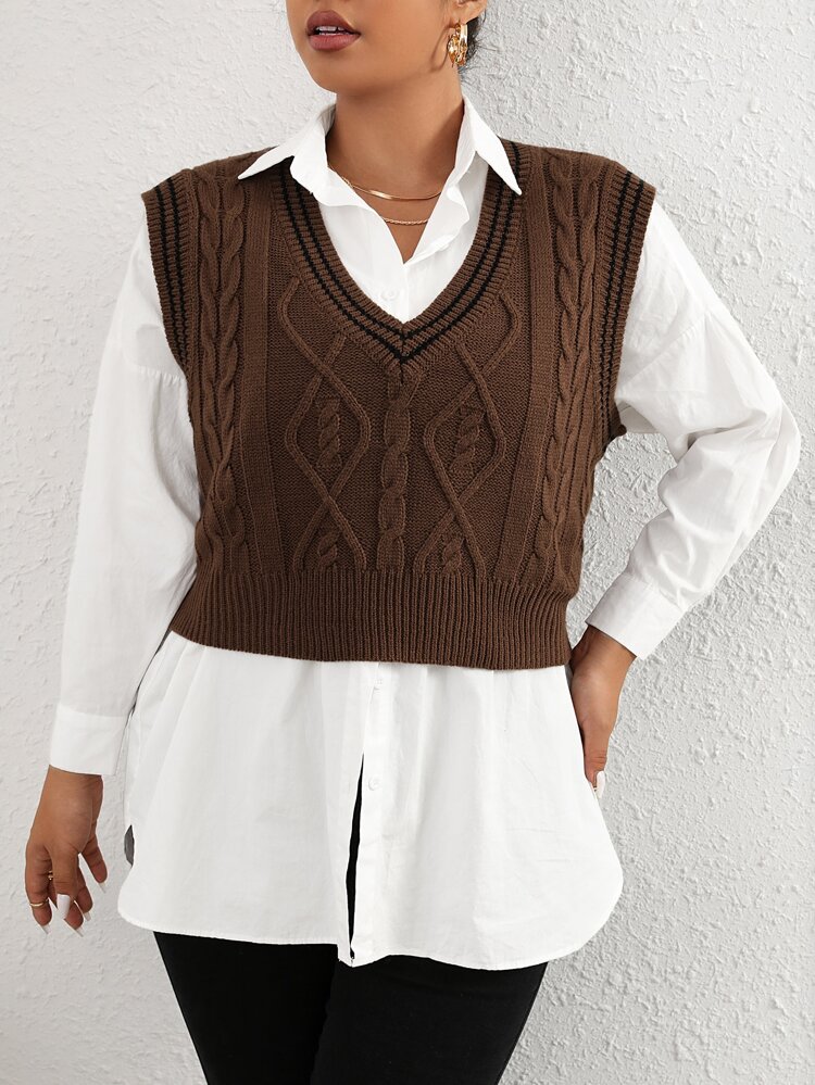 Plus Striped Trim Cable Knit Sweater Vest Without Blouse Winter Fall Autumn