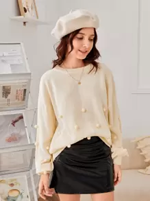 SHEIN Teen Girls Pompom Detail Drop Shoulder Jumper - Beige - View 1