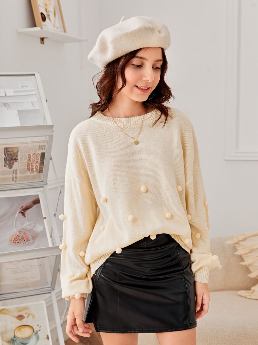 SHEIN Teen Girls Pompom Detail Drop Shoulder Jumper - Beige - View 1