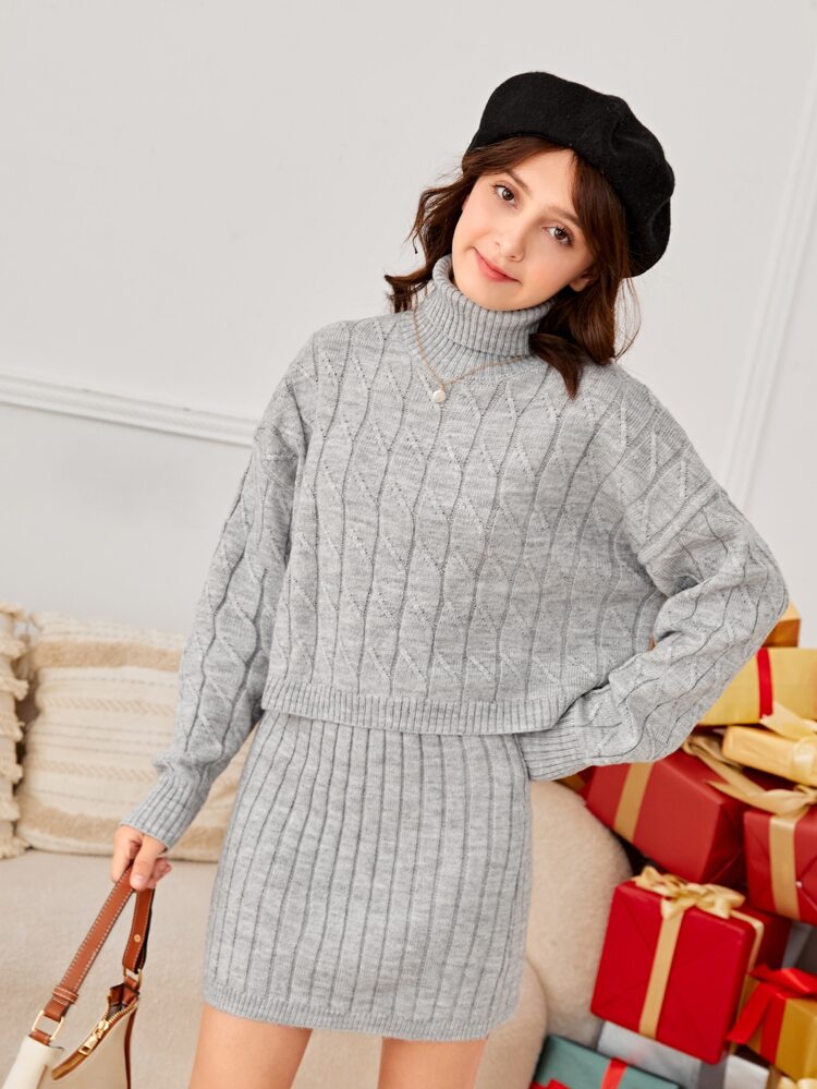 Teen Girls Funnel Neck Drop Shoulder Sweater & Knit Skirt