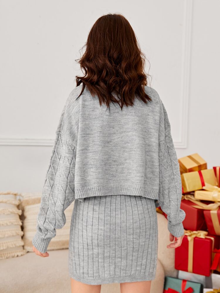 Teen Girls Funnel Neck Drop Shoulder Sweater & Knit Skirt