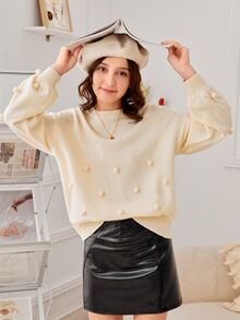 SHEIN Teen Girls Pompom Detail Drop Shoulder Jumper - Beige - View 6