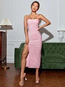 SHEIN BAE Đầm Lộ Lưng Tách cao màu trơn Hấp dẫn - Màu Hồng baby - Xem 2