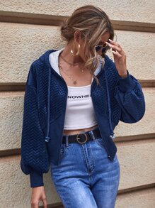 SHEIN LUNE Sudadera con cremallera de hombros caídos con capucha de terciopelo - Azul Marino - Ver 1