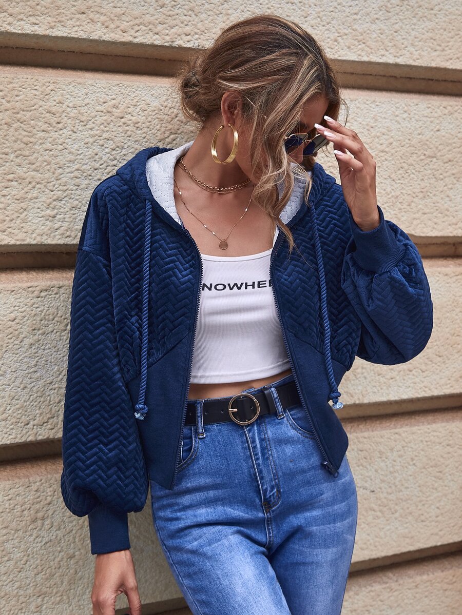SHEIN LUNE Sudadera con cremallera de hombros caídos con capucha de terciopelo - Azul Marino - Ver 1