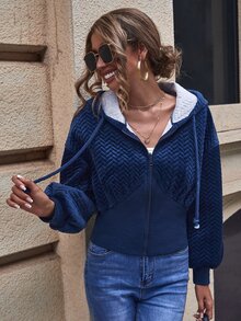 SHEIN LUNE Sudadera con cremallera de hombros caídos con capucha de terciopelo - Azul Marino - Ver 4