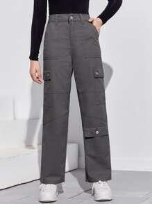 SHEIN 青少年女孩翻蓋口袋工裝牛仔褲