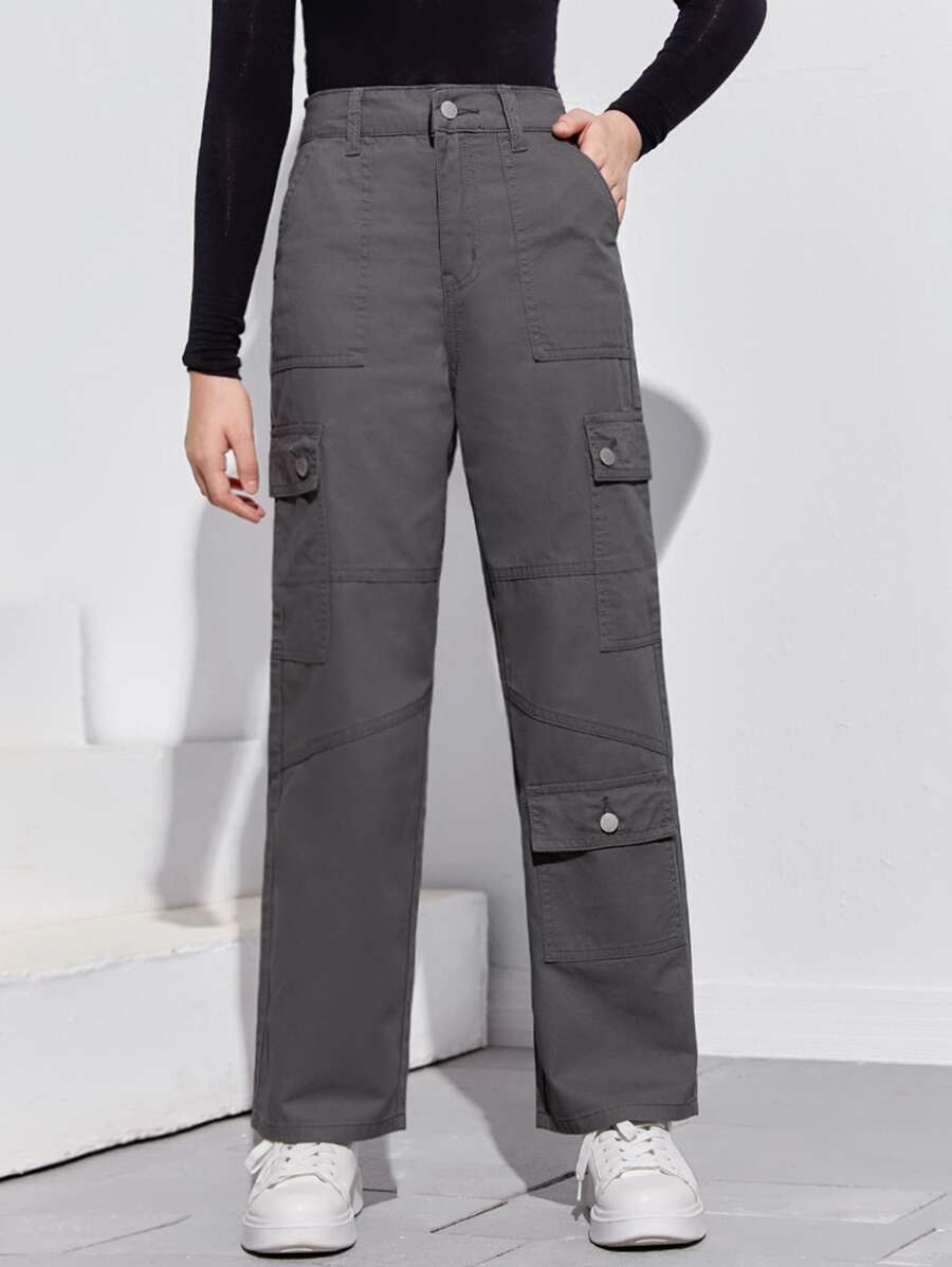 SHEIN 青少年女孩翻蓋口袋工裝牛仔褲