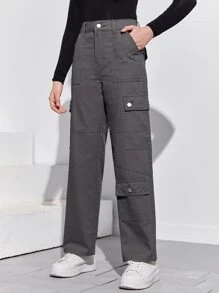 SHEIN 青少年女孩翻蓋口袋工裝牛仔褲