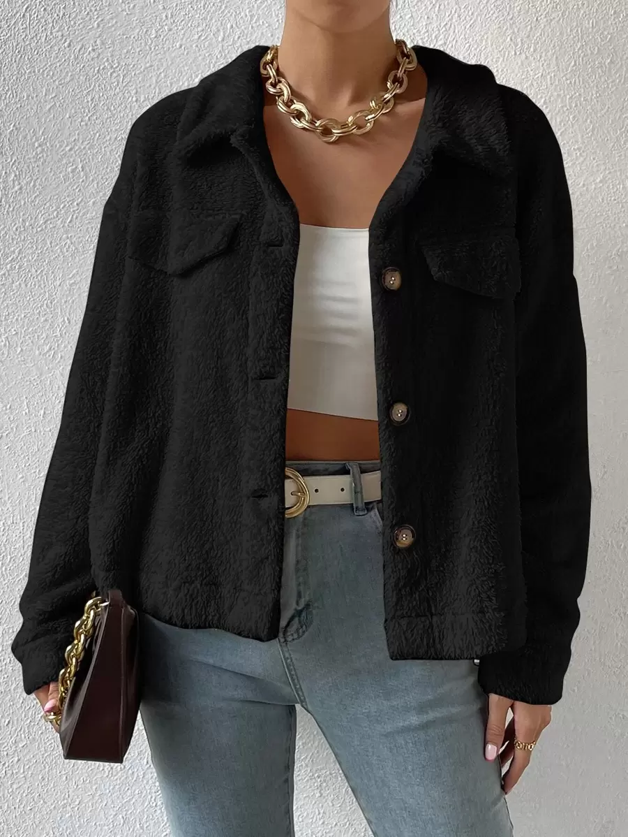 SHEIN Frenchy Drop Shoulder Flap Detail Coral Fleece Jacket In Fall/Winter Black Black - Black - View 1