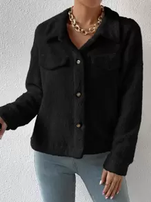 SHEIN Frenchy Drop Shoulder Flap Detail Coral Fleece Jacket In Fall/Winter Black Black - Black - View 4