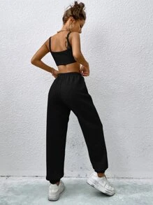 Muchica Bộ đồ hai mảnh nữ màu trơn Giải trí - màu đen - Xem 2