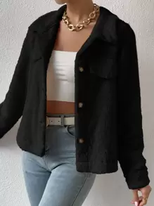 SHEIN Frenchy Drop Shoulder Flap Detail Coral Fleece Jacket In Fall/Winter Black Black - Black - View 6