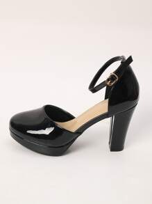 Glossy Patent Leather Elegant Platform High Heel Pumps, Women's Solid Color Commuting Black Closed Toe Thick Heel High Heels, Designed For Party, Banquet, Office, Elegant Shoes - Black - View 4