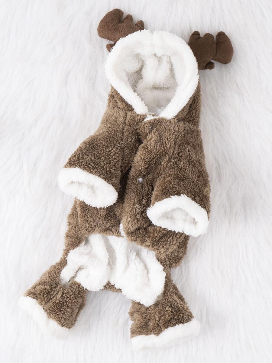 鹿角裝飾連帽寵物連身褲 - 咖啡棕 - 查看 1