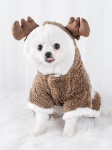 鹿角裝飾連帽寵物連身褲 - 咖啡棕 - 查看 8