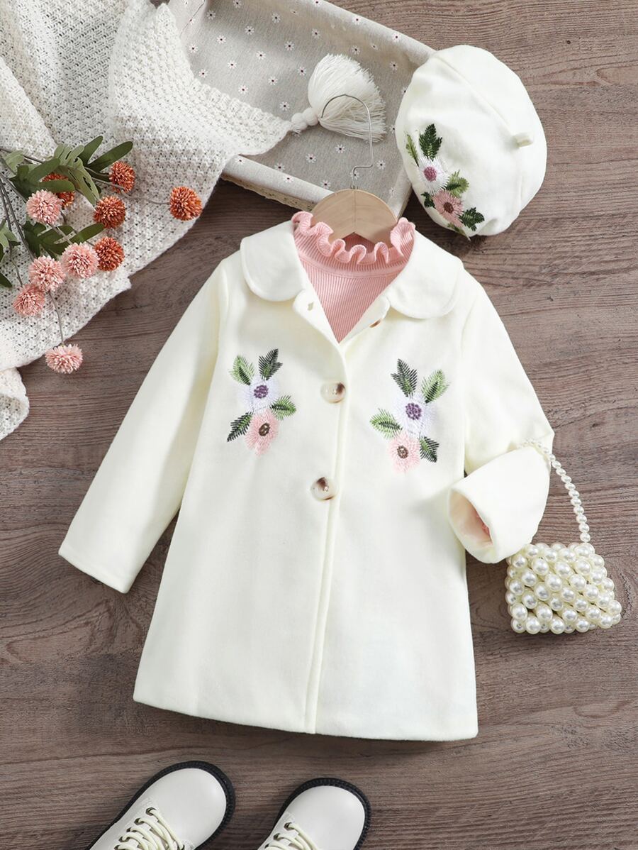 Young Girl 1pc Floral Embroidery Overcoat - White - View 1