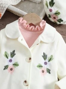 Young Girl 1pc Floral Embroidery Overcoat - White - View 3